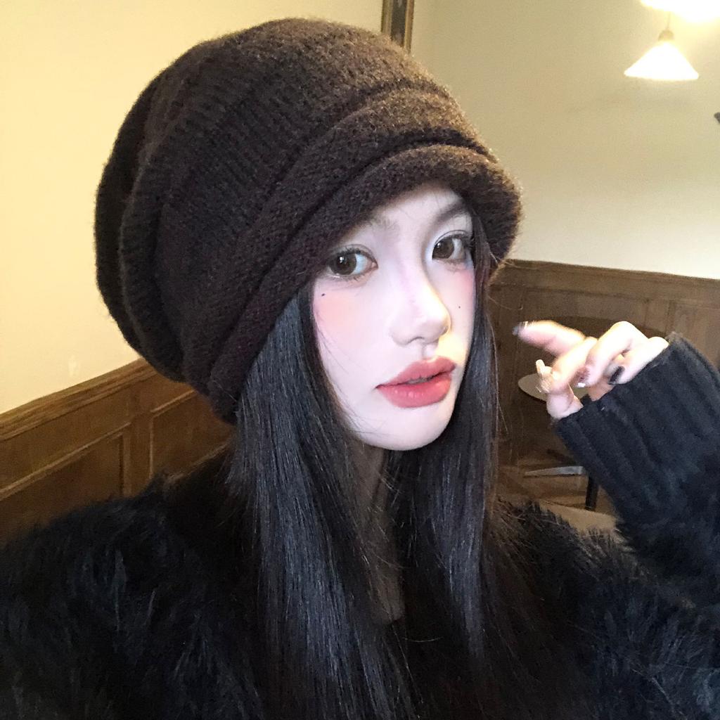 Big Head Circumference Coffee-Colored Knitted Stacking Hat Children'S Autumn And Winter Warm Face Small Cold Hat Versatile Warm Plain Head Hat