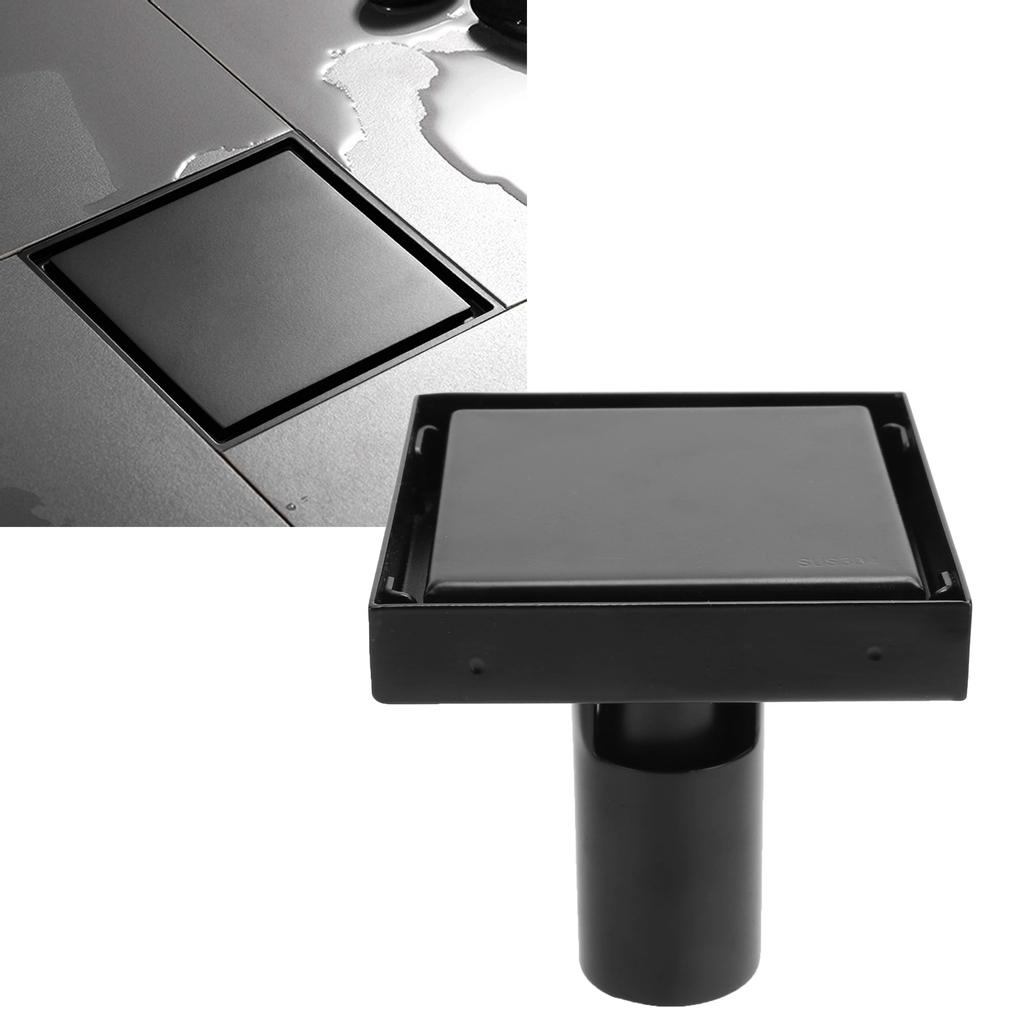 Floor Drain with Removable Cover SUS304 Stainless Steel Square Drain Set 10x10cm Black