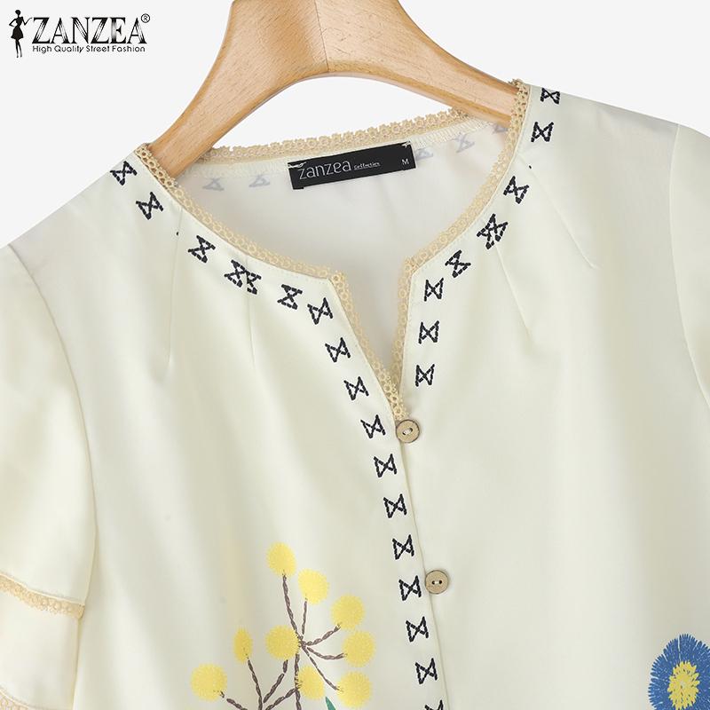 ZANZEA Women Summer V-Neck Casual Floral Print Short Sleeve Blouse