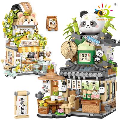 HUIQIBAO City Mini Street View Model čajovny Panda Stavební bloky DIY Malý medvěd Kavárna Cihly Hračky pro děti Dospělý