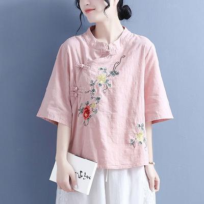 Chemise en coton et lin de style ethnique pour femmes, printemps et été, haut à boucle à plaque à col montant de style chinois avec broderie sur patte oblique