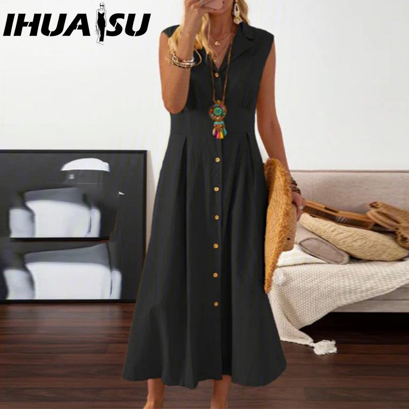 IHUASU Áčkové šaty Elegantní Krásná Dámské šaty Jednořadé Dlouhé šaty s Velkým Lemem Jednobarevné