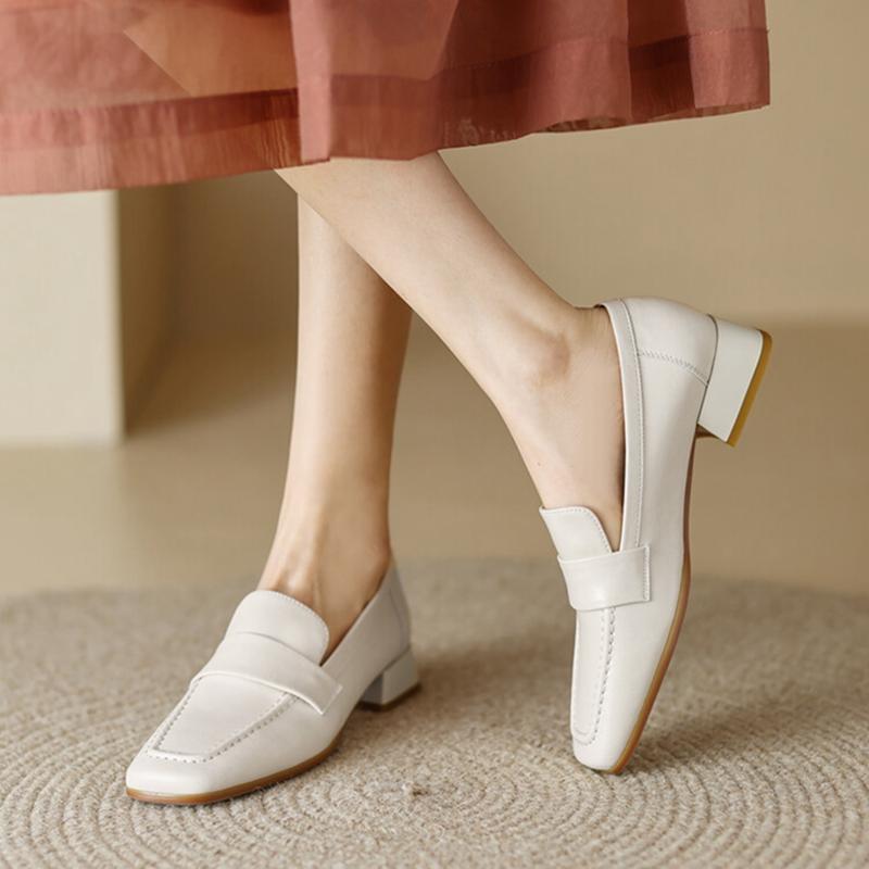 Fashion NEW Spring/Autumn Women Loafers Square Toe Chunky Heel Shoes Split Leather Shoes for Women Concise Low Heel Slip-on Women Pumps