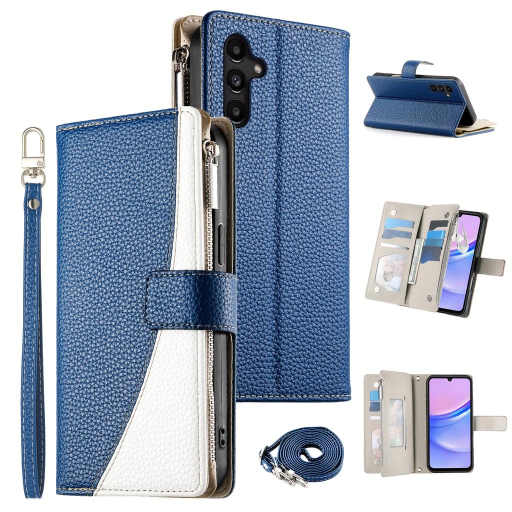For Samsung Galaxy A15 5G/4G Case Zipper Wallet Color Splicing Leather Flip Phone Cover with Straps