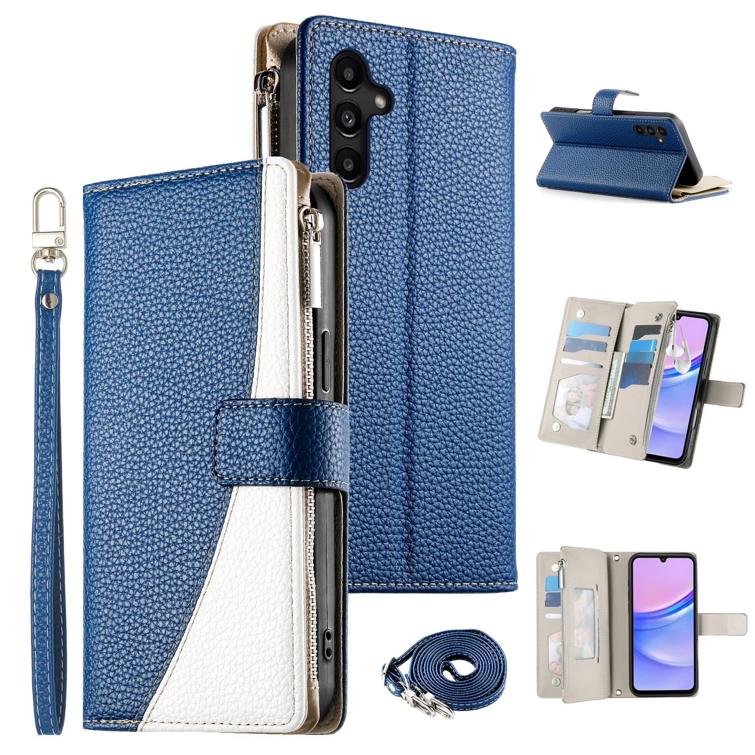 

For Samsung Galaxy A15 5G/4G Case Zipper Wallet Color Splicing Leather Flip Phone Cover with Straps E