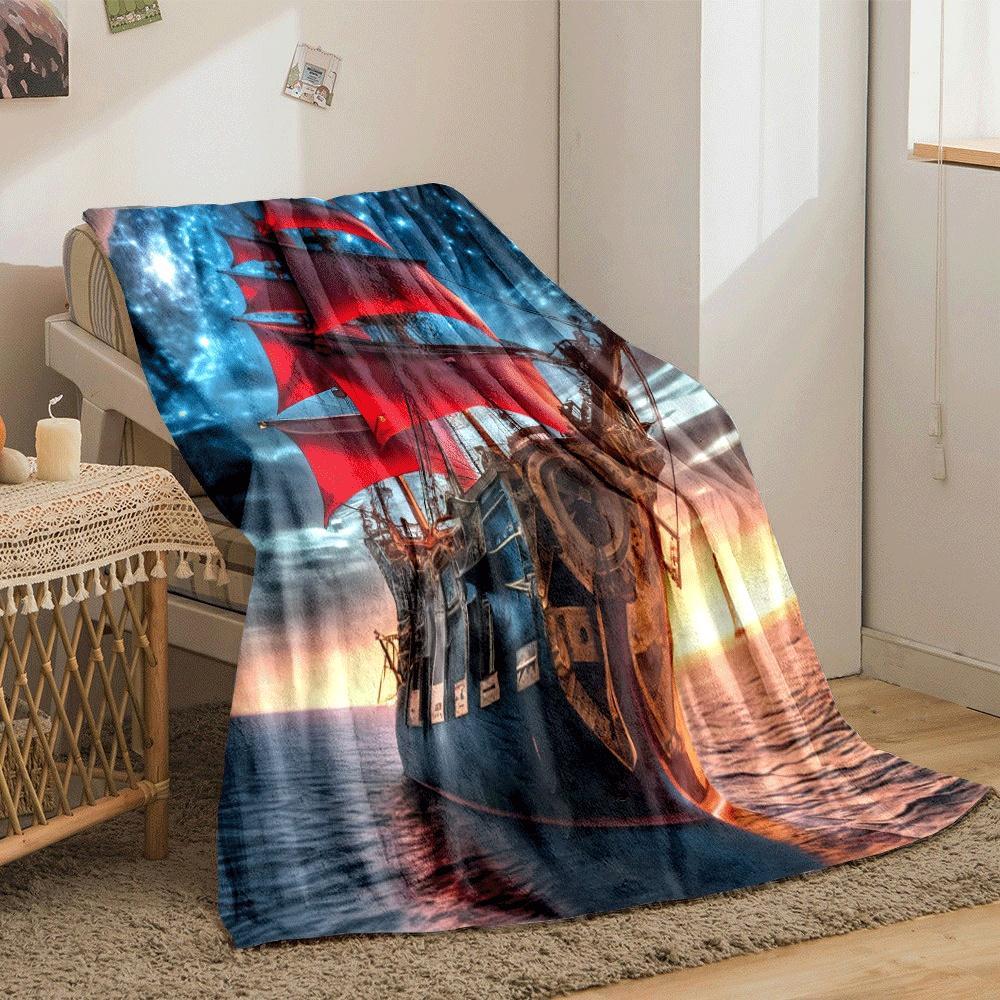 A Ship with Vibrant Red Sails Against a Starry Night and Sunset Backdrop. for All Seasons Blanket Lunch Break Throw Gift