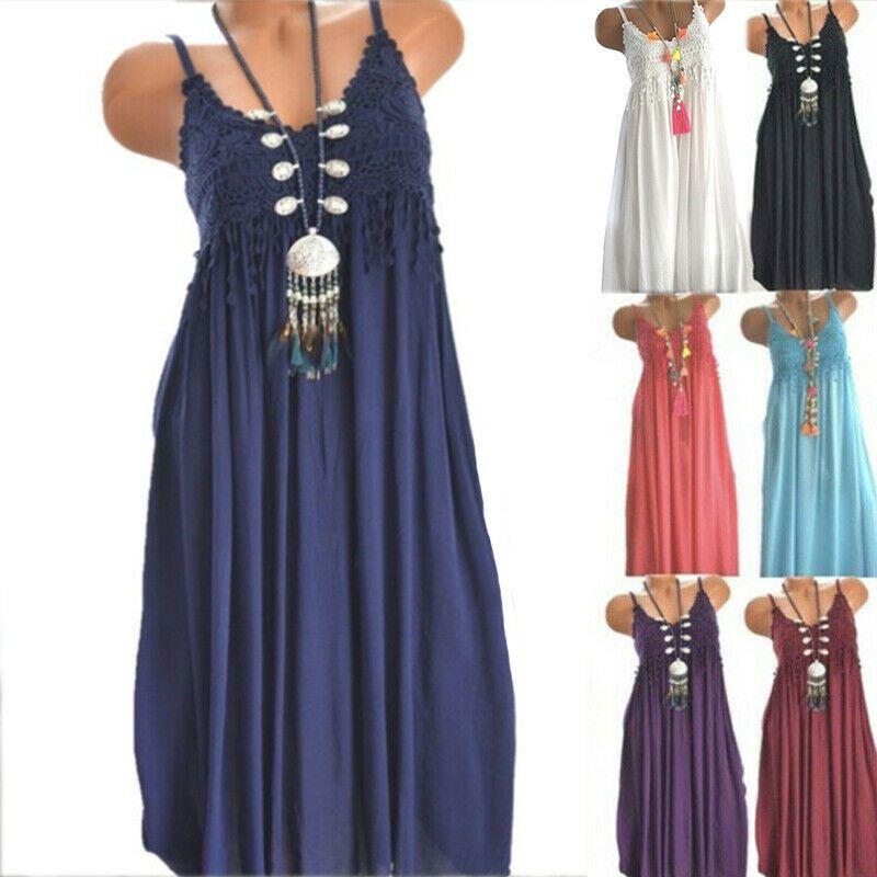 Elegante Dames Zomer Ronde Hals Mouwloze Tank Maxi Jurk Met Kant Detail