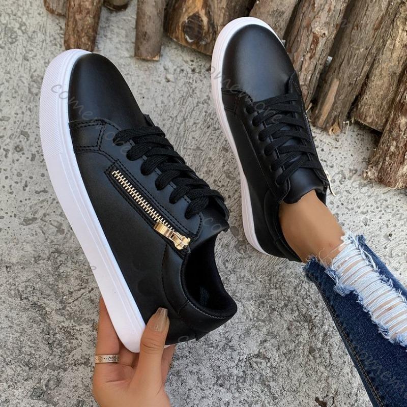 Fashion Comemore Women's Flat Bottom Sneakers Fashionable Leather Side Zip White Black Casual Tennis Female Autumn Lace Up Zapatillas