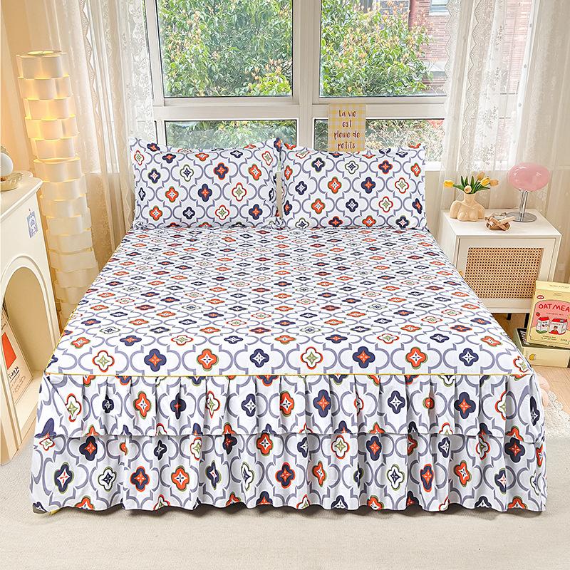 3pcs Modern Korean Floral Bed Skirt Set with Lotus Leaf Embellishments and Princess Floral Pattern, All-Season Brushed Light Beige-Friendly Bedding