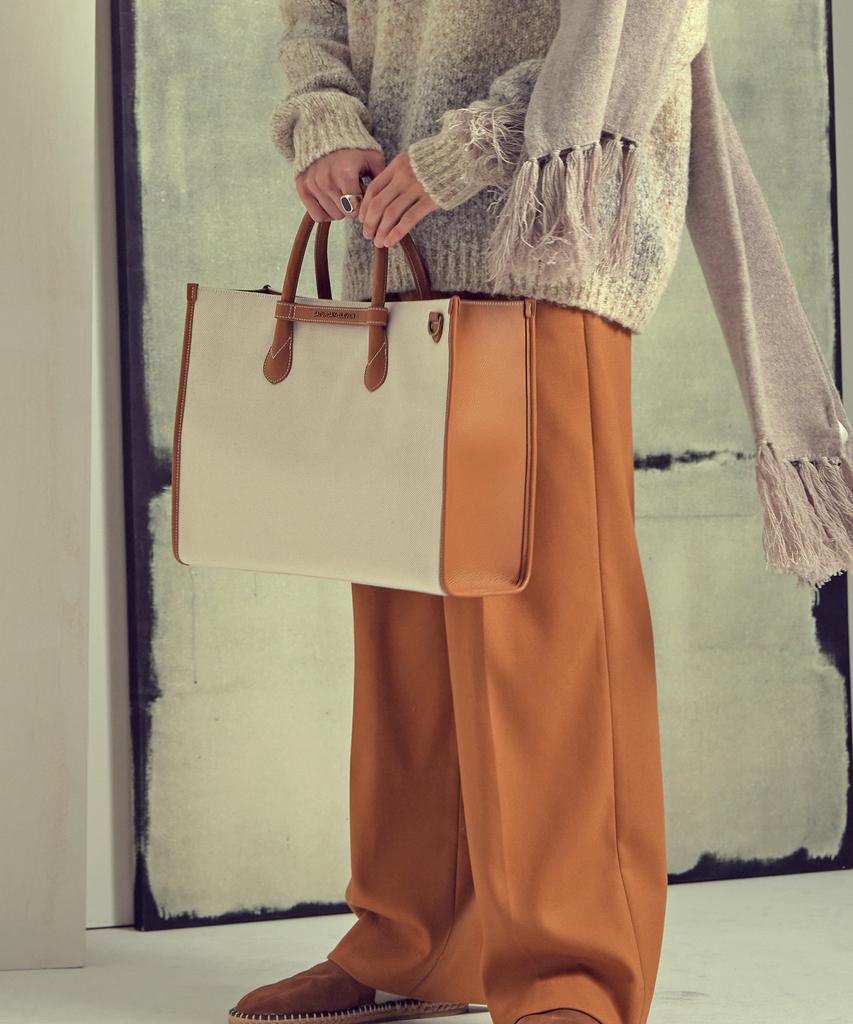 Saturday Eleven Two-Tone Canvas Leather Bridge Tote Bag _ Brown Ivory