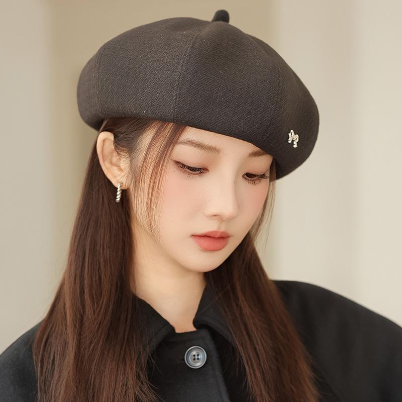 Vintage British Style Autumn Hat Women's Octagonal Hat Beret Bow Painter Hat