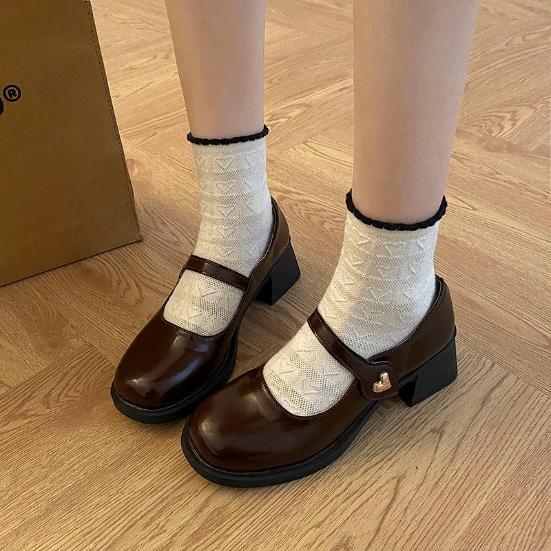 2025 new JK small leather shoes women's thick heel with one-word buckle late evening wind high heel single shoes French Mary Jane shoes