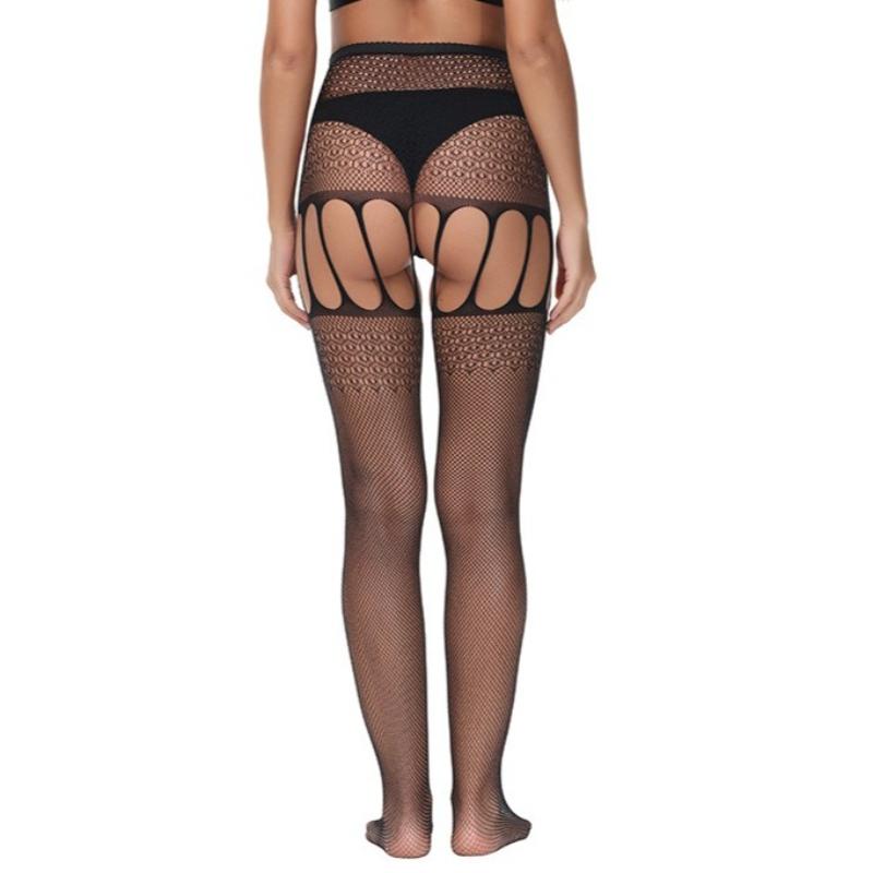 Schwarze Hohlstrick-Bikini-Netzsocken Jacquard-Muster Ganzkörperstrümpfe Damen Sexy Fischgrät-Strumpfhosen mit Blumen Gitter Party-Strumpfhosen