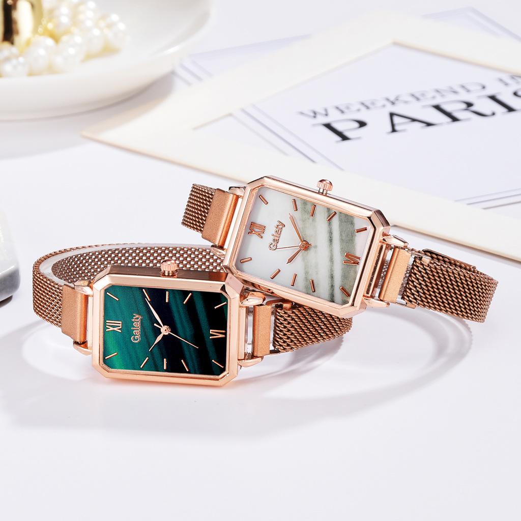 Rectangle Women Watch 2 PCS Set Bracelet Rose Gold Wristwatches Ladies Mesh Magnetic Luxury Simple Steel Female Watches Gift