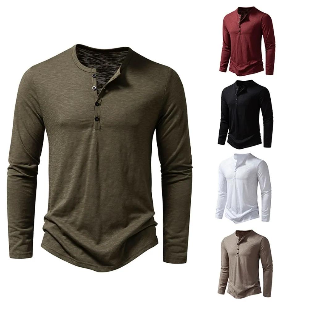 Autumn New Men'S Cotton Button Long Sleeve  Henley Neck T-Shirt Casual Solid Color Breathable Versatile Fashion Slim T-Shirts