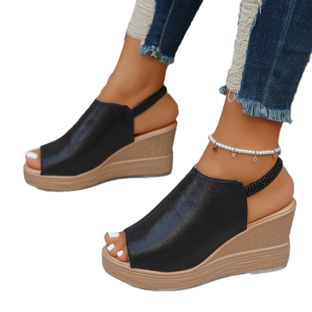 Roman Sandals For Women Summer Thick Sole Pu Fish Mouth Slip On With Elastic Band