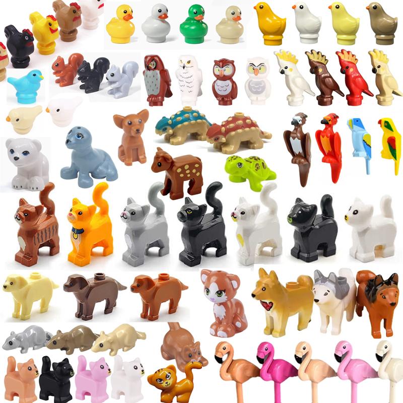 MOC Tier Szene Bausteine Katzen Hunde Schafe Schweine Hühner Adler Papageien Delfin Zoo Rahmen Zubehör DIY Spielzeug Steine T14