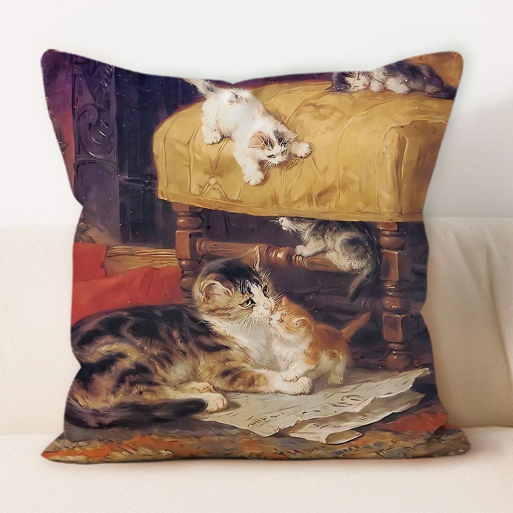 Oil Painting Cat Cat Picture Pillowcase Living Room Sofa Cushion Cover Bedside Pillow Pillowcase Home Decoration