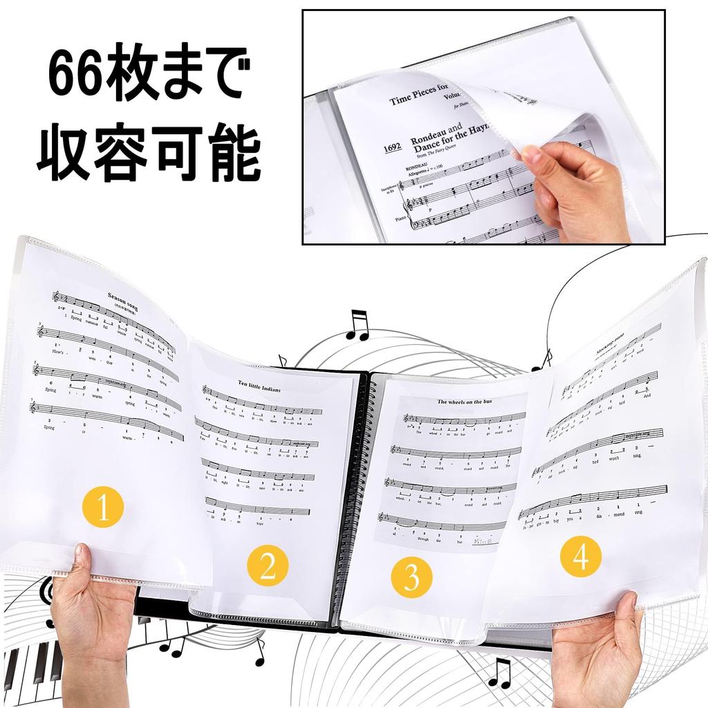 AUGSHYO Sheet Music File, Writable, Double-Page Opening, A4 Size, Sheet Music Holder, Piano, Music Binder, Composition, Performance (66 Sheets)