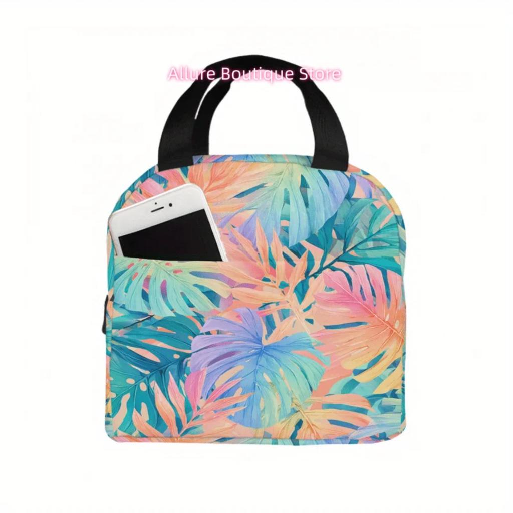 1pc Tropical Leaf Lunch Bag for Adults - Small Square -Friendly Lunchbox Carrier with Handle, Stylish Soft Lunchbox for Men & Wo