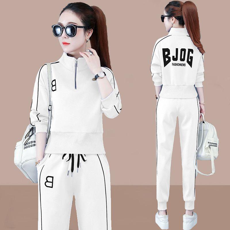 Casual Sportswear Suit for Women, Spring and Autumn High-waisted Stand-up Collar Sweatshirt, Stylish Large Size Long-sleeved Two-piece Set