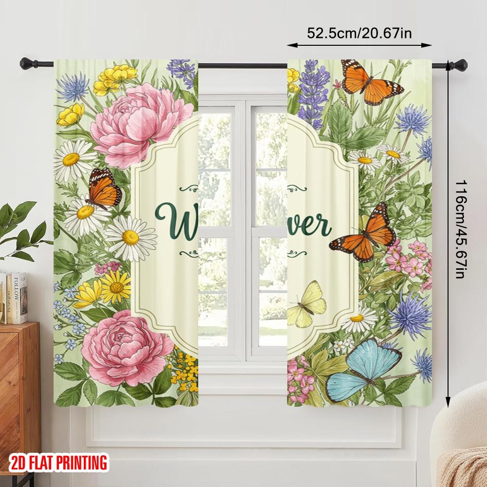 2pcs 2D Flat Printing Curtains Wildflower Birthday First Butterfly Polyester Without Electricity Holiday Decorations for Parties
