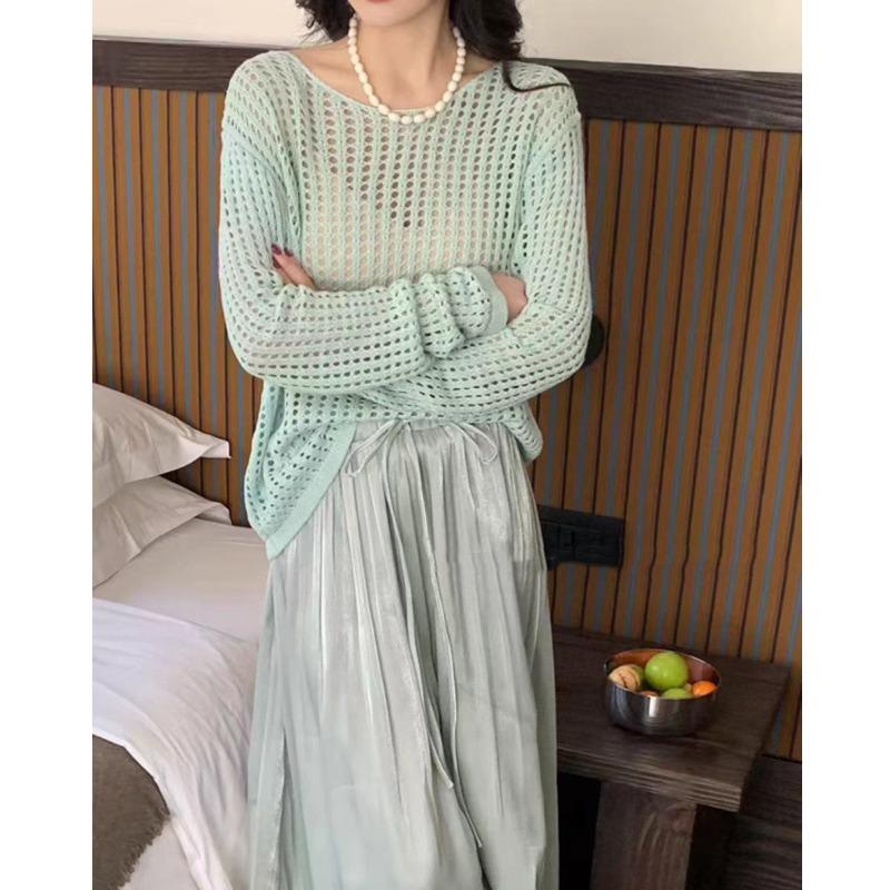 Fashion Hollow Out Women Sexy Loose Sunscreen Shirts Women Spring and Summer New Long Sleeve Casual Blouse Women Elegant O Neck Lady Shirt Tops 26581