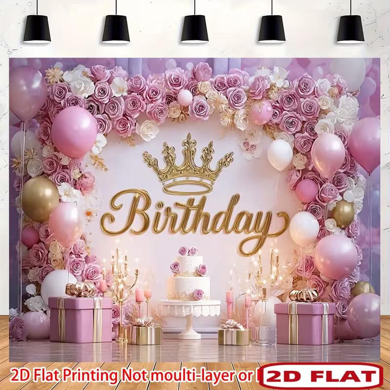 Dwuwymiarowy Różowo-Złoty Baner Tło na Urodziny Księżniczki Korona Kwiat Różany Dekoracja Tła Imprezy Happy Birthday
