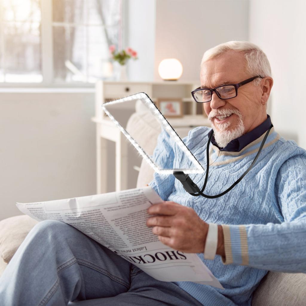 Neck Wear Magnifier Glass LED Magnifying Hands Free Full Page Reading Magnifier 7.5 X 10.2 Inch for Elderly Reading Magnifier