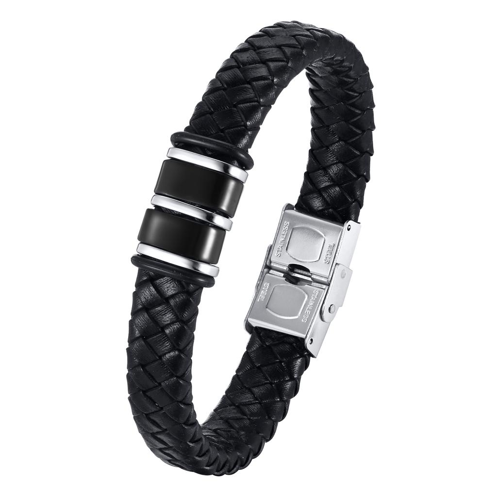 Vnox Free Personalized Family Names Stainless Steel Beads Bracelets Gift for Dad Grandpa, Mens Leather Wristband,Christmas Gift