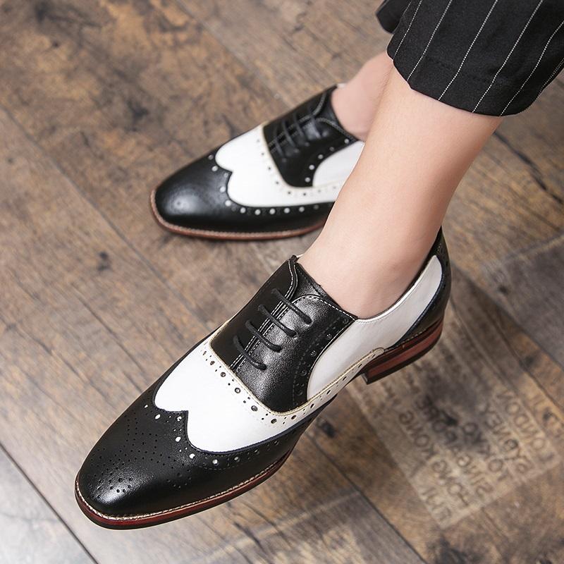 New Luxury Designer Men's Pointed Black With White Patchwork Dress Oxford Shoes Moccasins Wedding Prom Sapato Social Masculino
