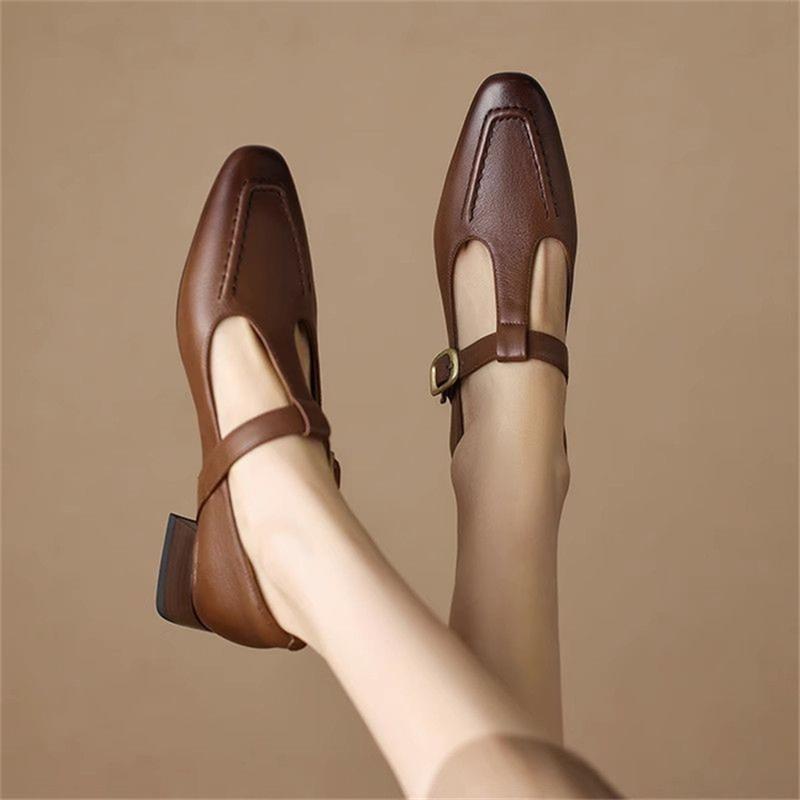 Korean Version of Soft Leather Retro Square Head Single Shoes Women's 2025 Summer New Thick Heel Soft Sole T-shaped Buckle Small Leather Shoes Women