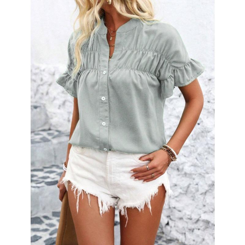 

Повседневные плиссированные рубашки с коротким рукавом на пуговицах однотонные с воротником-стойкой женские блузки и рубашки XL серебряный серый