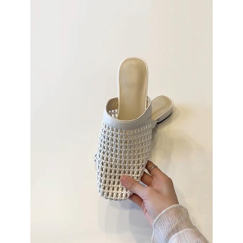 Simple hand-woven hollowed-out one-pedal bag head shoes, women's low heels, comfortable and cool slippers