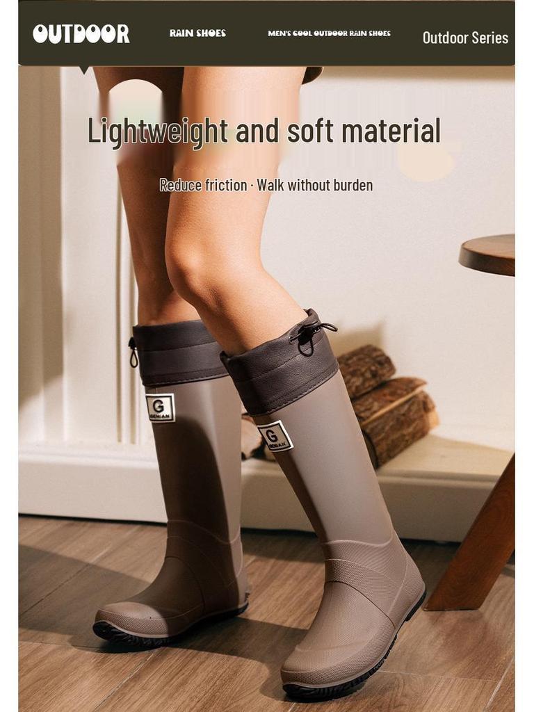 Stylish Unisex High-Top Rain Boots: Waterproof, Splash-Proof, Windproof, with Drawstring and Ribbed Texture for Travel and Wading.