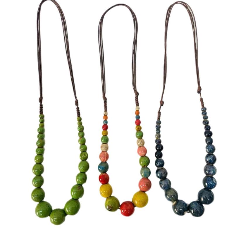 Big Vintage Ceramic Beaded Necklace For Women Handmade Long Adjustable Boho Ethnic Style Jewelry