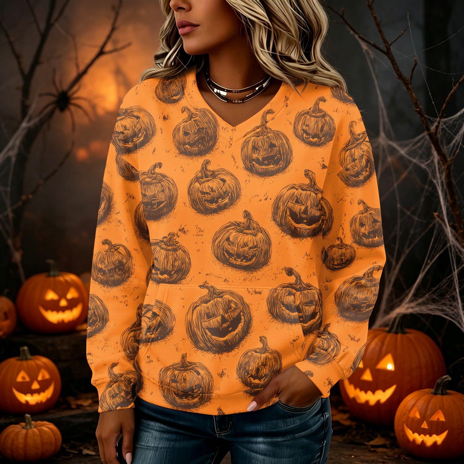 Women s V-Neck Long Sleeve Halloween Graphic Sweatshirt Lightweight Pullover with Pockets XXL