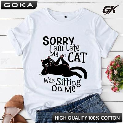 Kawaii Cartoon Cat Lover Printed T Shirt Women Fashion T Shirt Sorry I Am Late My Cat Was Sitting On Me Casual Girls Ladies Tops