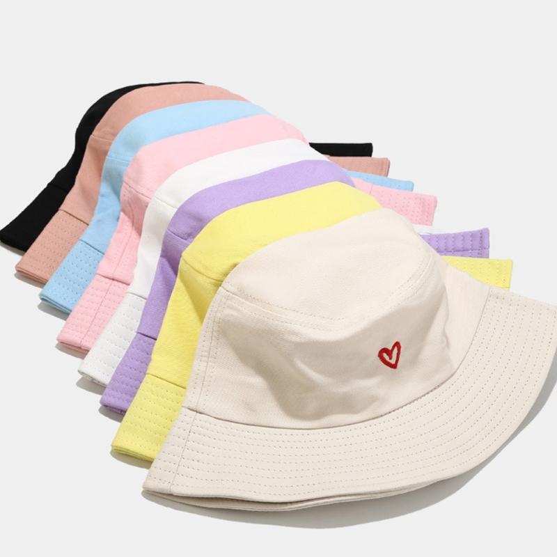 Embroidered Cotton Fisherman Hats for Women Girls Stylish Heart Design Beach Sun Protection Adjustable Fit