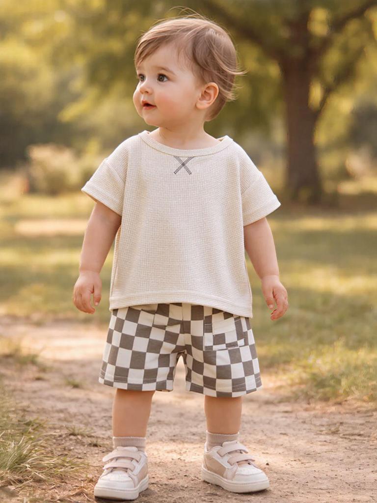 Koreanisches Sommer Baby Karo Shorts Set: Unisex Zweiteiler mit kurzen Ärmeln