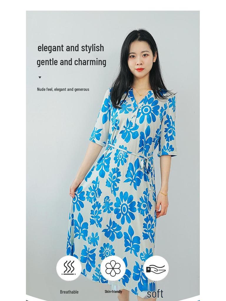 Guolian Floral V-Neck Slimming Long Dress - Mulberry Silk