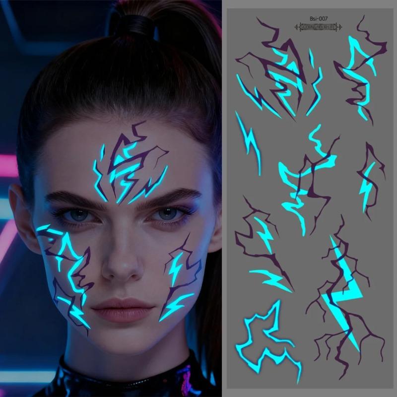 2pcs Glow In The Dark Kpop Gothic Women Face Temporary Tattoos -Cool Blue Purple Lightning & Vein Body Art Waterproof Tattoos