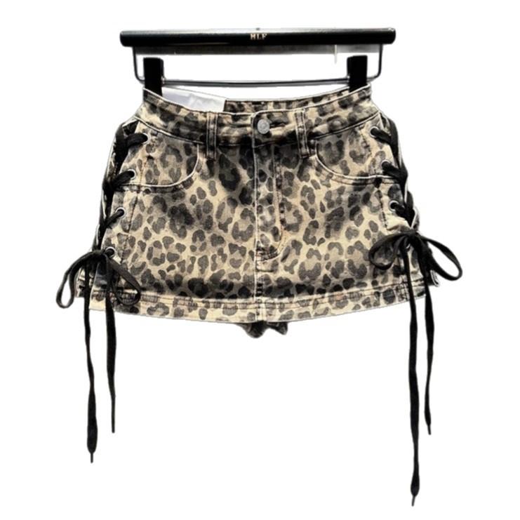 Niche Design Sense Straps Spice Girl Hip Skirt Women's Autumn American Retro High Street Leopard Print Denim Skirt Tide