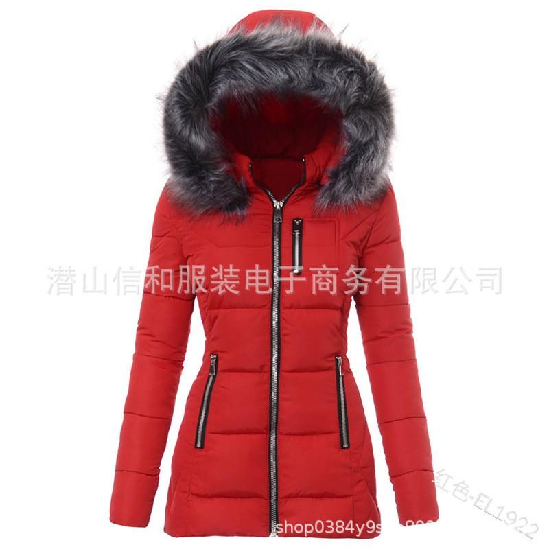 Womens Slim Fit Cotton Padded Jacket With Faux Fur Collar Zipper Warm Winter Coat