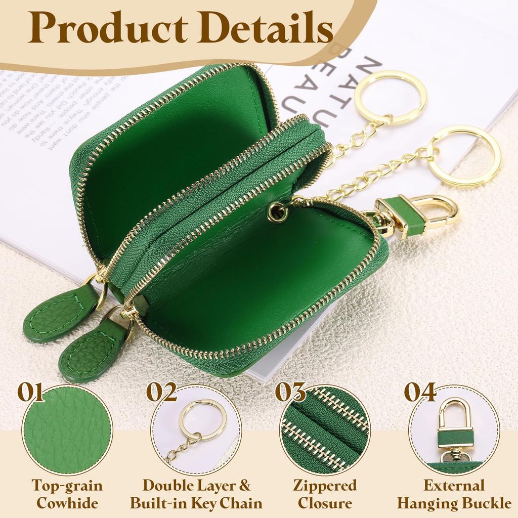 Genuine Leather Car Key Holder Universal Car Key Double Layer Zipper Key Case Green [uxcell] Case, Holder, Bag, Men's & Women's,