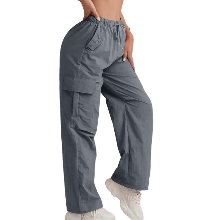 Quick Dry High Waisted Cargo Pants Women Solid Color Wide Leg Sports Pants Casual Drawstring