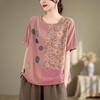 Summer Women T Shirts Floral Print Linen Shirt Plus Size Loose Casual Tops Elegant Sleeve Patchwork Tees 91688