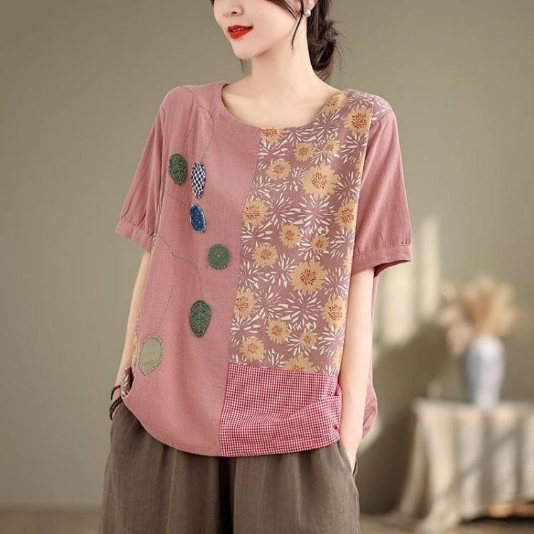 Summer Women T Shirts Floral Print Linen Shirt Plus Size Loose Casual Tops Elegant Sleeve Patchwork Tees 91688