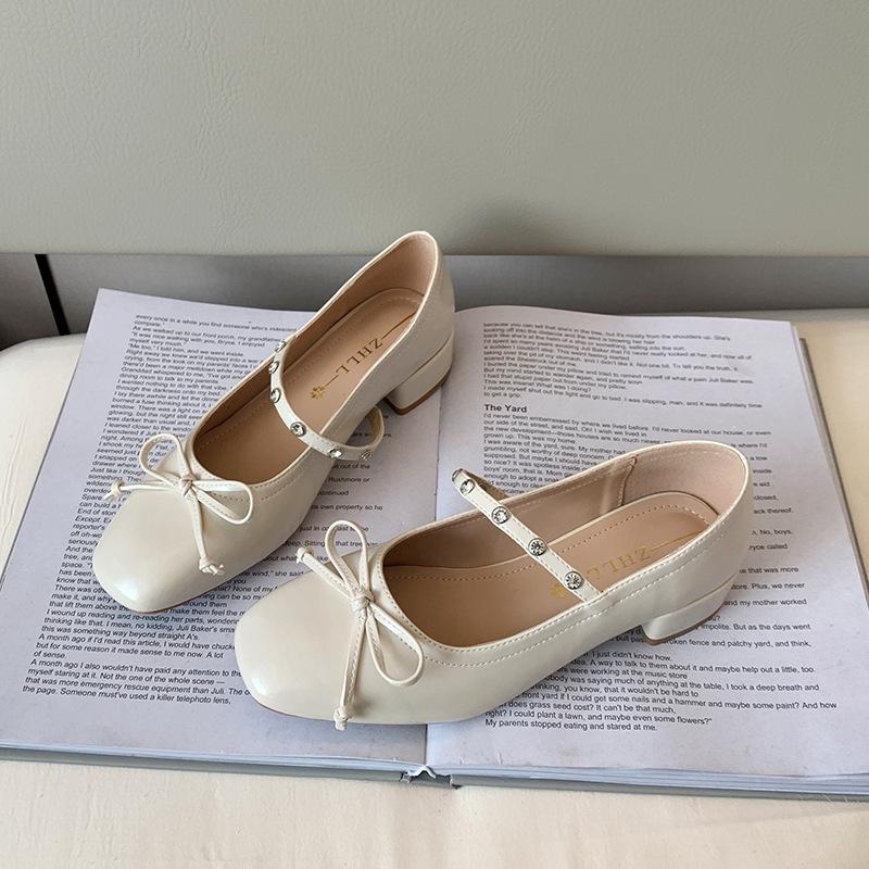 Light luxury word with Mary Jane shoes thick heel single shoes bow fattened and widened large size women's shoes
