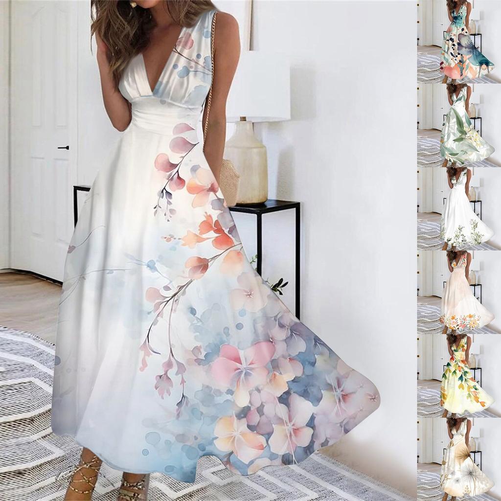 Women's Long Casual Dress Summer Sleeveless V-Neck Waist Retraction Printed Dress